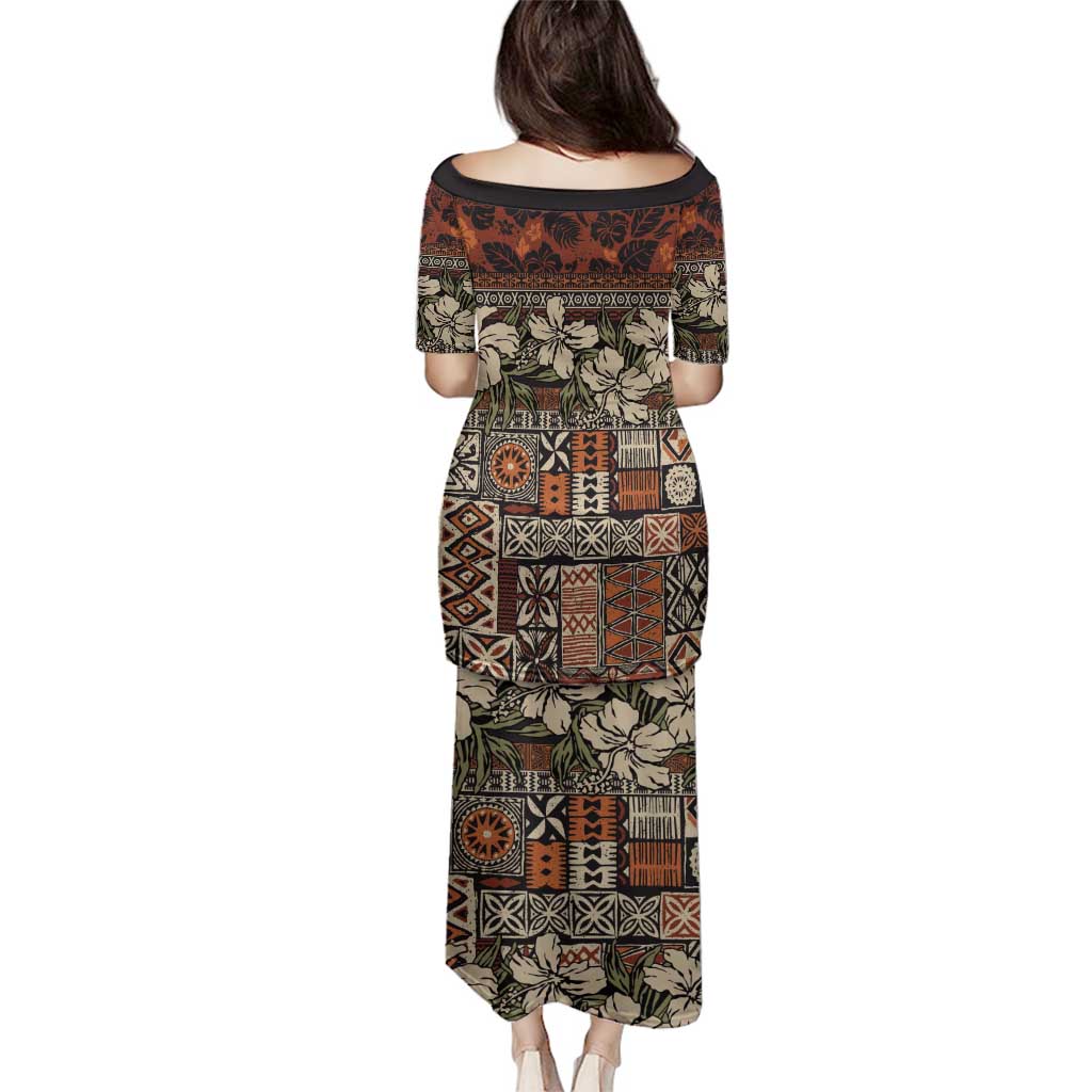 Pacific Hibiscus Tapa Tribal Vintage Family Matching Puletasi and Hawaiian Shirt Brown Motif LT9 - Polynesian Pride