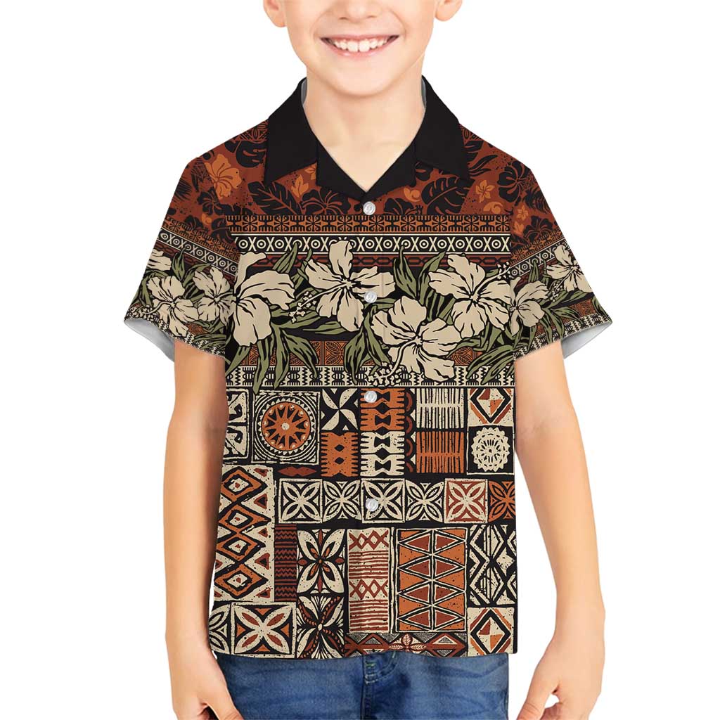 Pacific Hibiscus Tapa Tribal Vintage Family Matching Puletasi and Hawaiian Shirt Brown Motif LT9 Son's Shirt Brown - Polynesian Pride