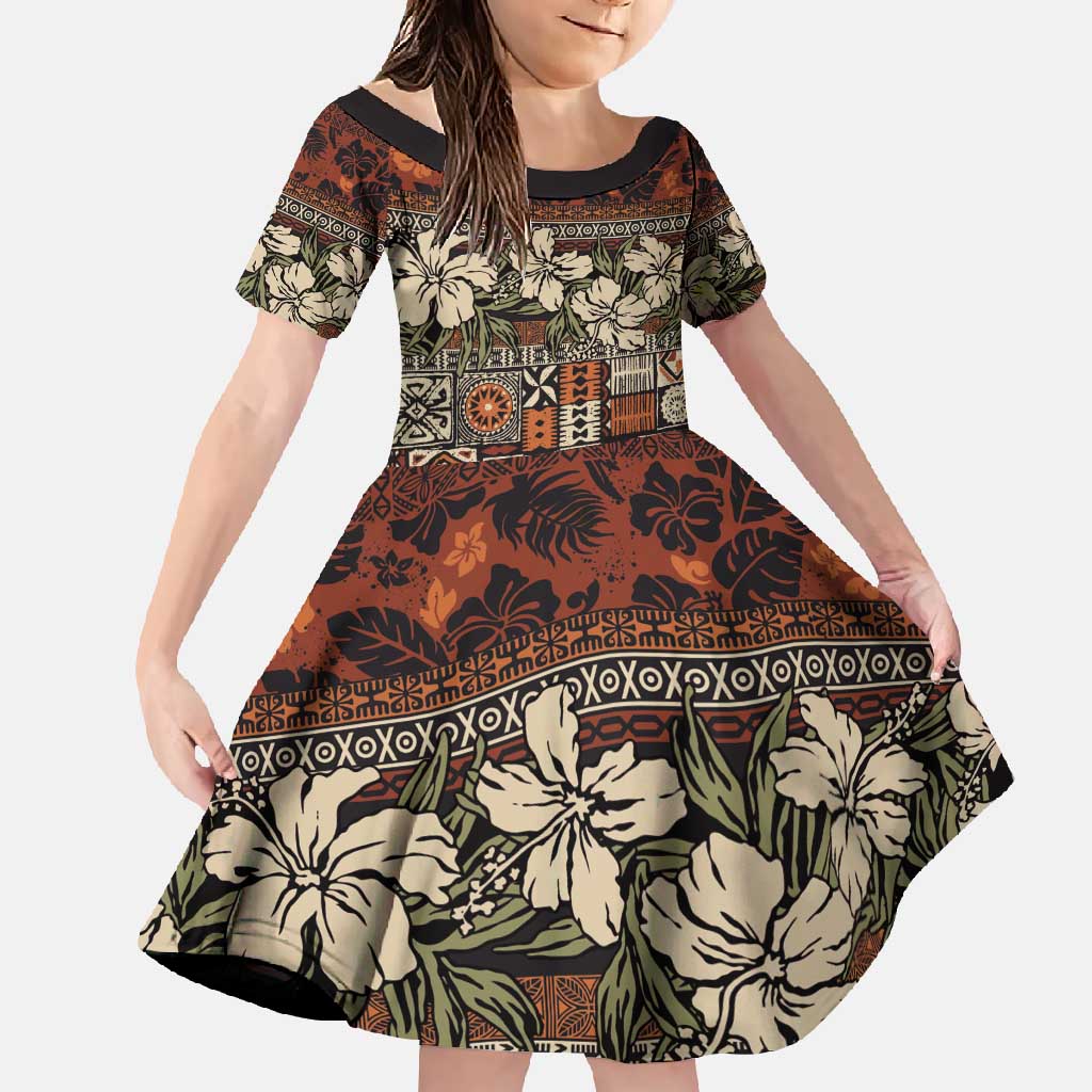 Pacific Hibiscus Tapa Tribal Vintage Family Matching Short Sleeve Bodycon Dress and Hawaiian Shirt Brown Motif LT9 Daughter's Dress Brown - Polynesian Pride