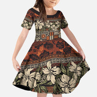 Pacific Hibiscus Tapa Tribal Vintage Family Matching Short Sleeve Bodycon Dress and Hawaiian Shirt Brown Motif LT9 Daughter's Dress Brown - Polynesian Pride
