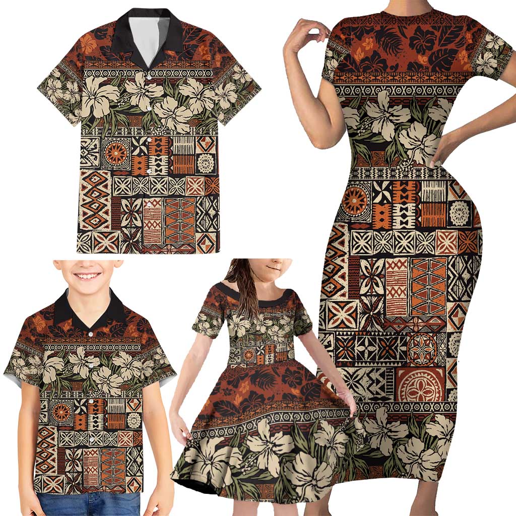 Pacific Hibiscus Tapa Tribal Vintage Family Matching Short Sleeve Bodycon Dress and Hawaiian Shirt Brown Motif LT9 - Polynesian Pride
