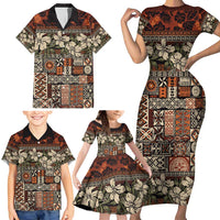Pacific Hibiscus Tapa Tribal Vintage Family Matching Short Sleeve Bodycon Dress and Hawaiian Shirt Brown Motif LT9 - Polynesian Pride