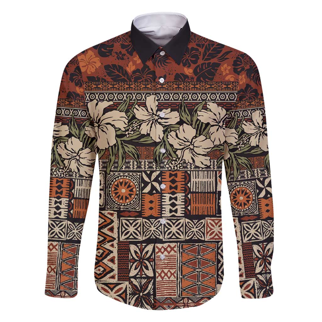 Pacific Hibiscus Tapa Tribal Vintage Family Matching Short Sleeve Bodycon Dress and Hawaiian Shirt Brown Motif LT9 Dad's Shirt - Long Sleeve Brown - Polynesian Pride