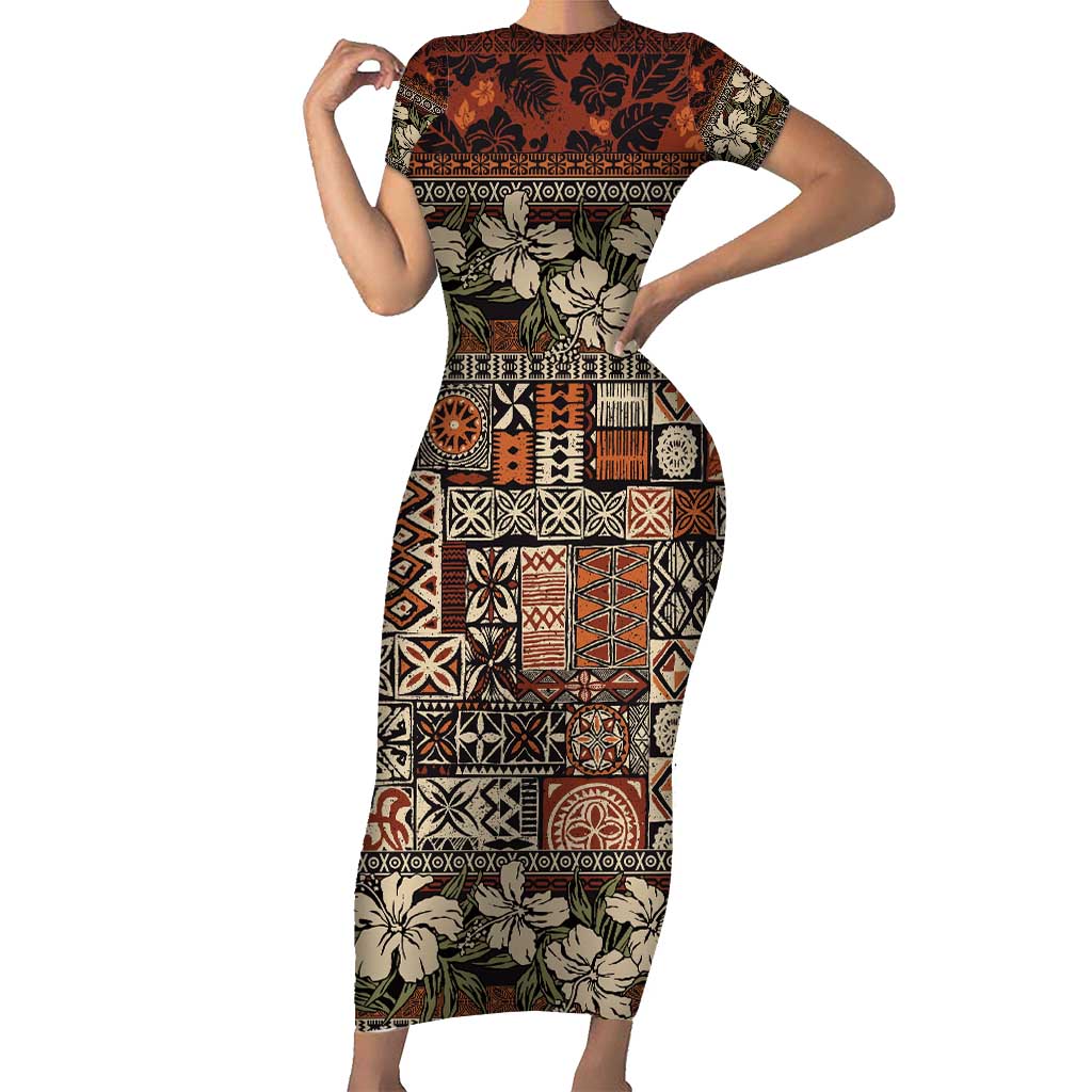 Pacific Hibiscus Tapa Tribal Vintage Family Matching Short Sleeve Bodycon Dress and Hawaiian Shirt Brown Motif LT9 Mom's Dress Brown - Polynesian Pride