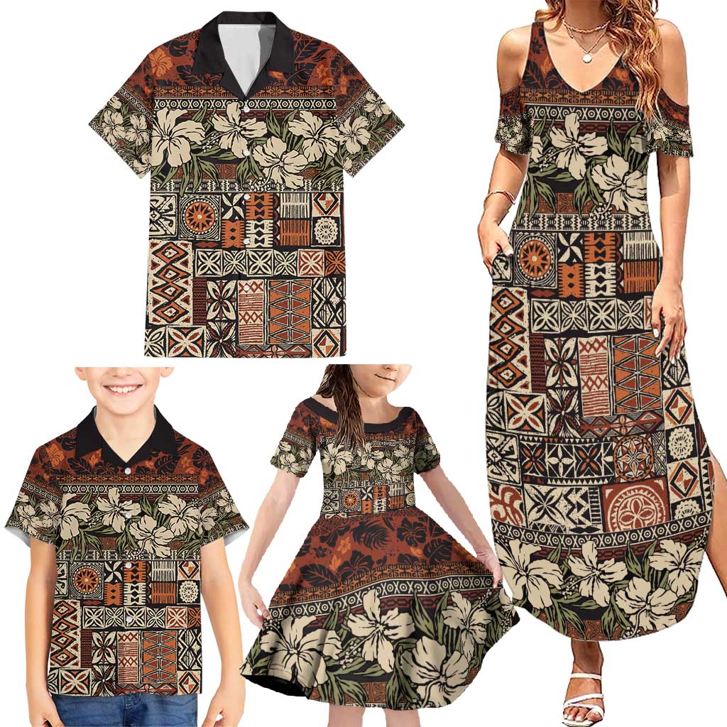 Pacific Hibiscus Tapa Tribal Vintage Family Matching Summer Maxi Dress and Hawaiian Shirt Brown Motif LT9 - Polynesian Pride