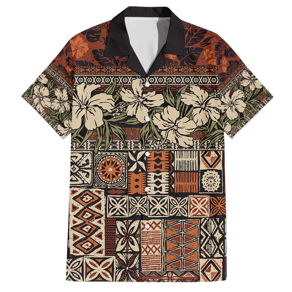 Pacific Hibiscus Tapa Tribal Vintage Family Matching Summer Maxi Dress and Hawaiian Shirt Brown Motif LT9 Dad's Shirt - Short Sleeve Brown - Polynesian Pride