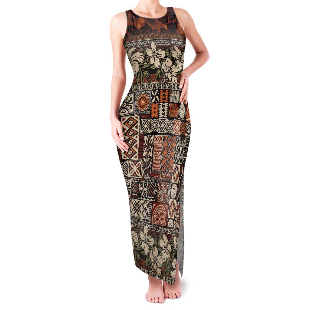 Pacific Hibiscus Tapa Tribal Vintage Family Matching Tank Maxi Dress and Hawaiian Shirt Brown Motif LT9 Mom's Dress Brown - Polynesian Pride