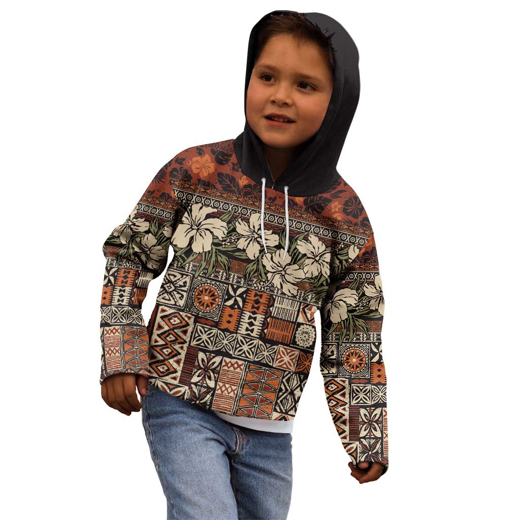 Pacific Hibiscus Tapa Tribal Vintage Kid Hoodie Brown Motif