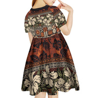 Pacific Hibiscus Tapa Tribal Vintage Kid Short Sleeve Dress Brown Motif LT9 - Polynesian Pride
