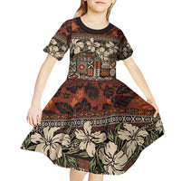 Pacific Hibiscus Tapa Tribal Vintage Kid Short Sleeve Dress Brown Motif LT9 - Polynesian Pride