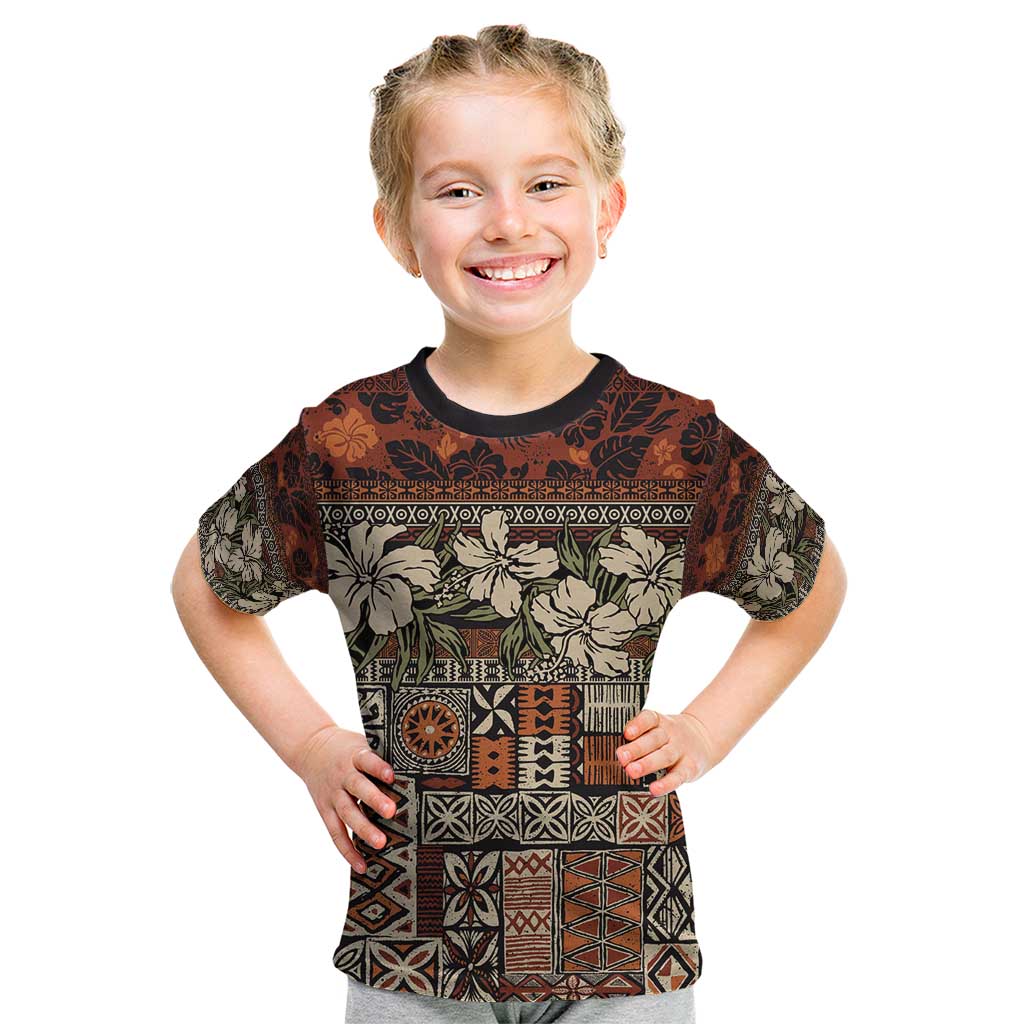Pacific Hibiscus Tapa Tribal Vintage Kid T Shirt Brown Motif LT9 Brown - Polynesian Pride
