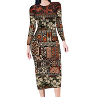 Pacific Hibiscus Tapa Tribal Vintage Long Sleeve Bodycon Dress Brown Motif LT9 Long Dress Brown - Polynesian Pride