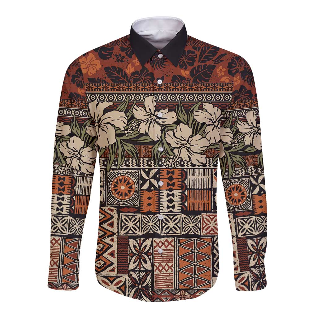 Pacific Hibiscus Tapa Tribal Vintage Long Sleeve Button Shirt Brown Motif LT9 Unisex Brown - Polynesian Pride