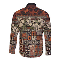 Pacific Hibiscus Tapa Tribal Vintage Long Sleeve Button Shirt Brown Motif LT9 - Polynesian Pride