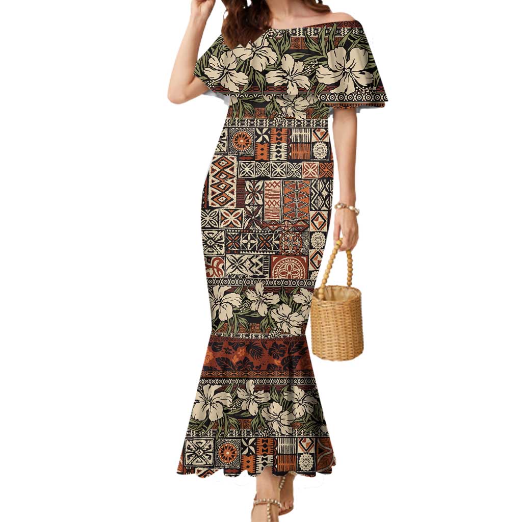 Pacific Hibiscus Tapa Tribal Vintage Mermaid Dress Brown Motif LT9 Women Brown - Polynesian Pride