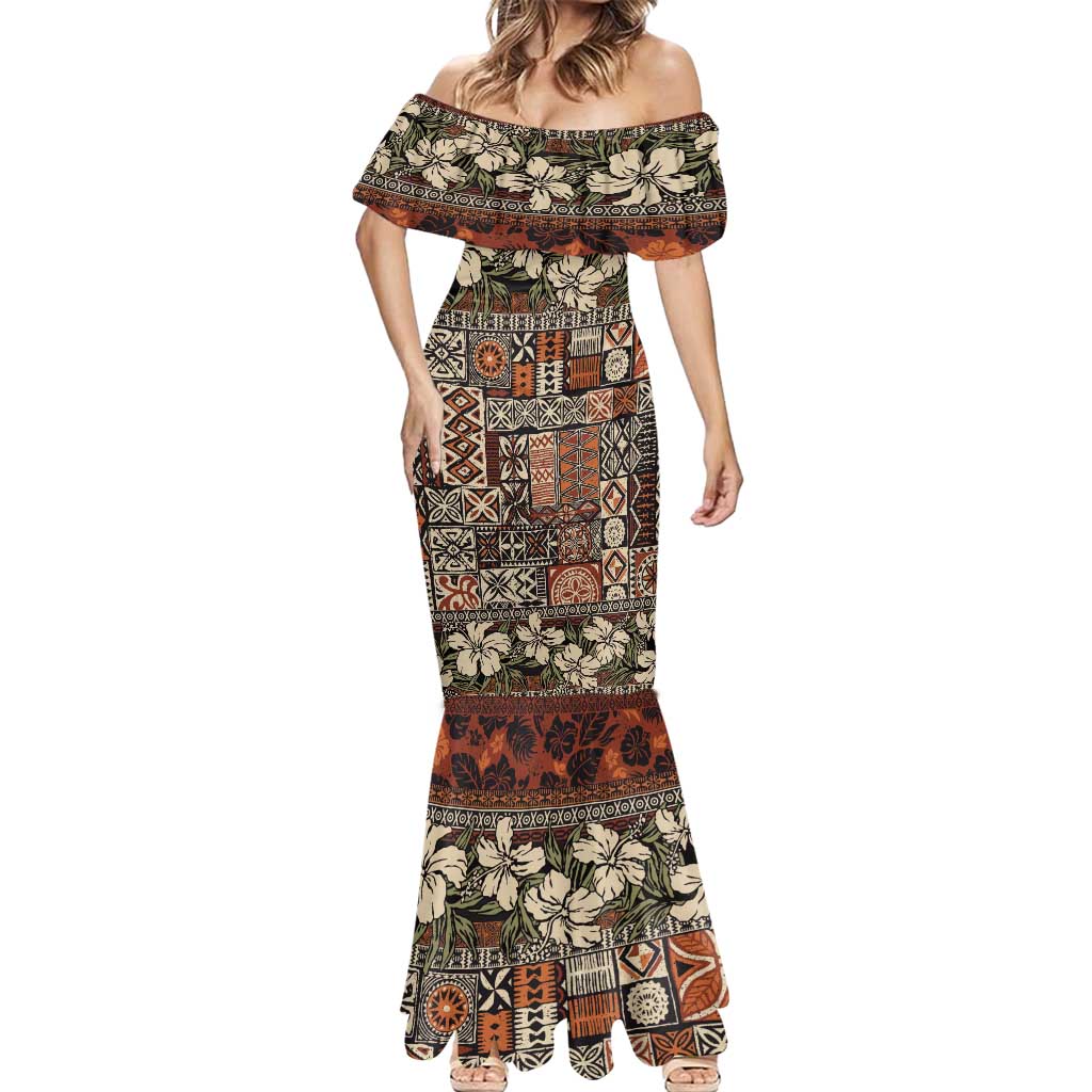 Pacific Hibiscus Tapa Tribal Vintage Mermaid Dress Brown Motif LT9 - Polynesian Pride
