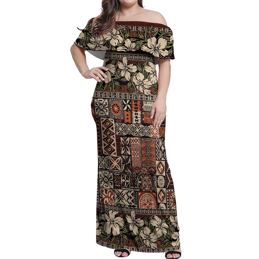 Pacific Hibiscus Tapa Tribal Vintage Off Shoulder Maxi Dress Brown Motif LT9 Women Brown - Polynesian Pride