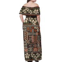 Pacific Hibiscus Tapa Tribal Vintage Off Shoulder Maxi Dress Brown Motif LT9 - Polynesian Pride