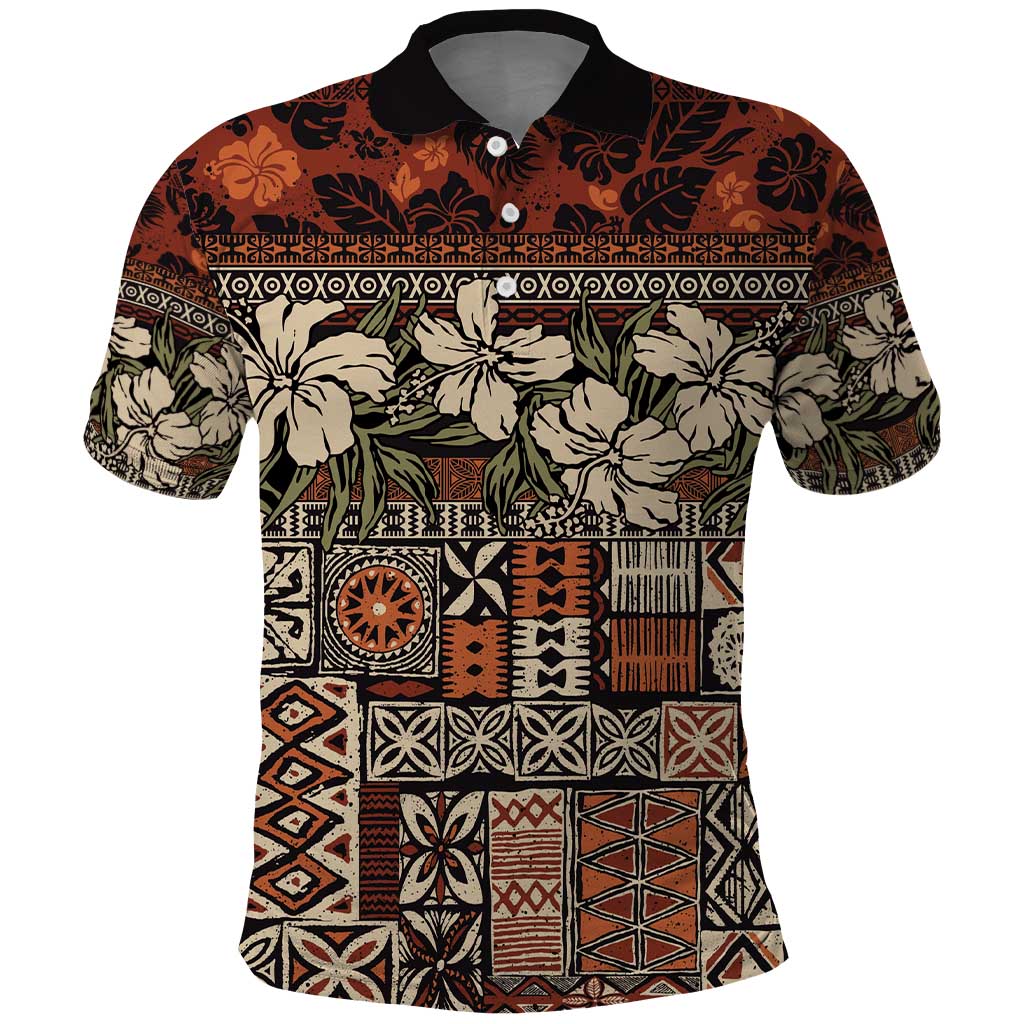 Pacific Hibiscus Tapa Tribal Vintage Polo Shirt Brown Motif