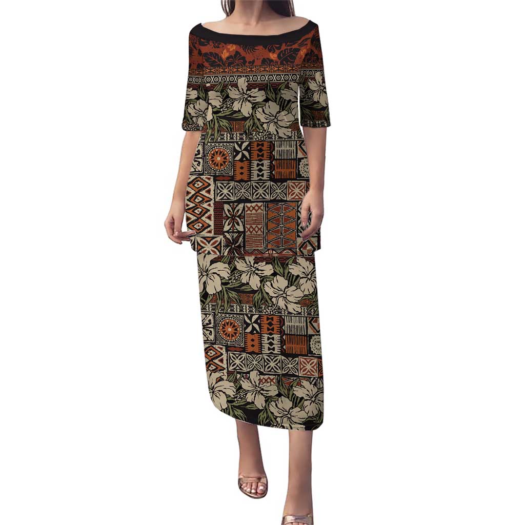 Pacific Hibiscus Tapa Tribal Vintage Puletasi Brown Motif