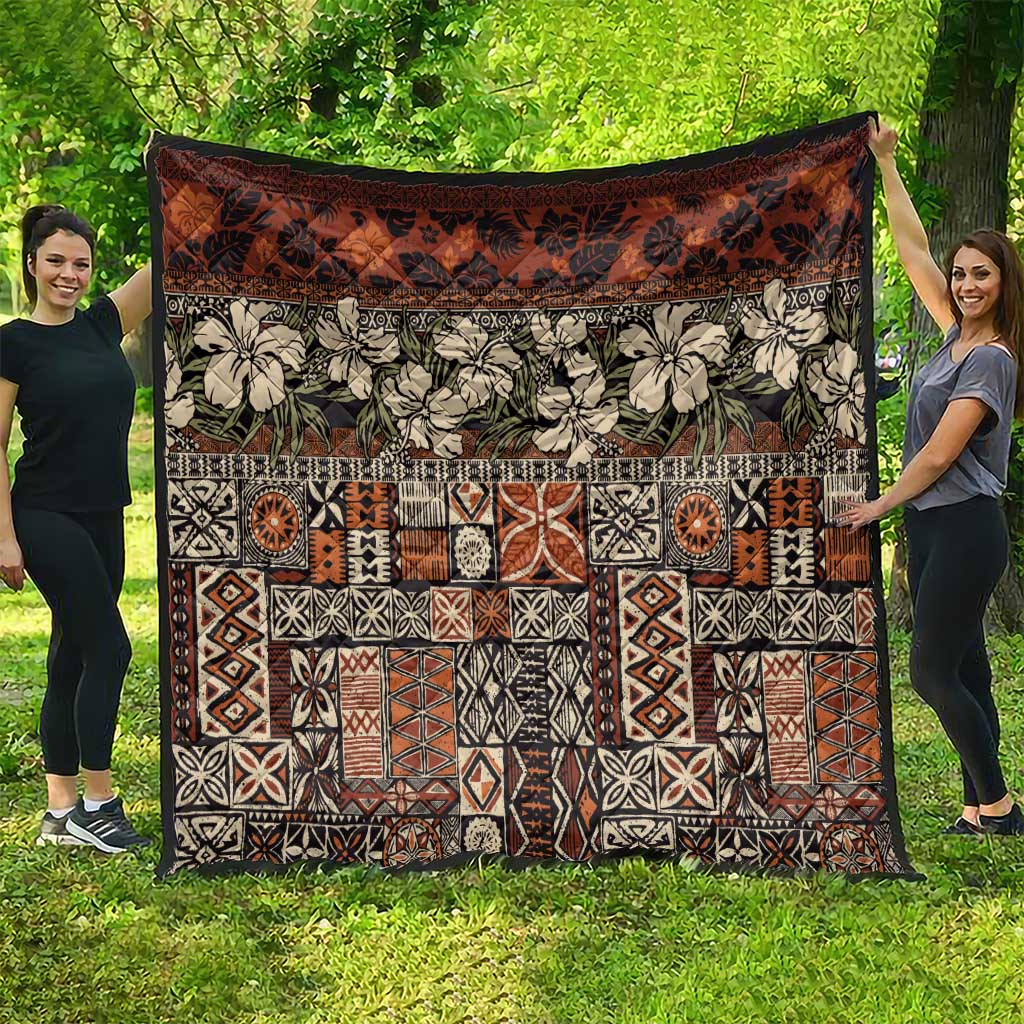 Pacific Hibiscus Tapa Tribal Vintage Quilt Brown Motif LT9 - Polynesian Pride