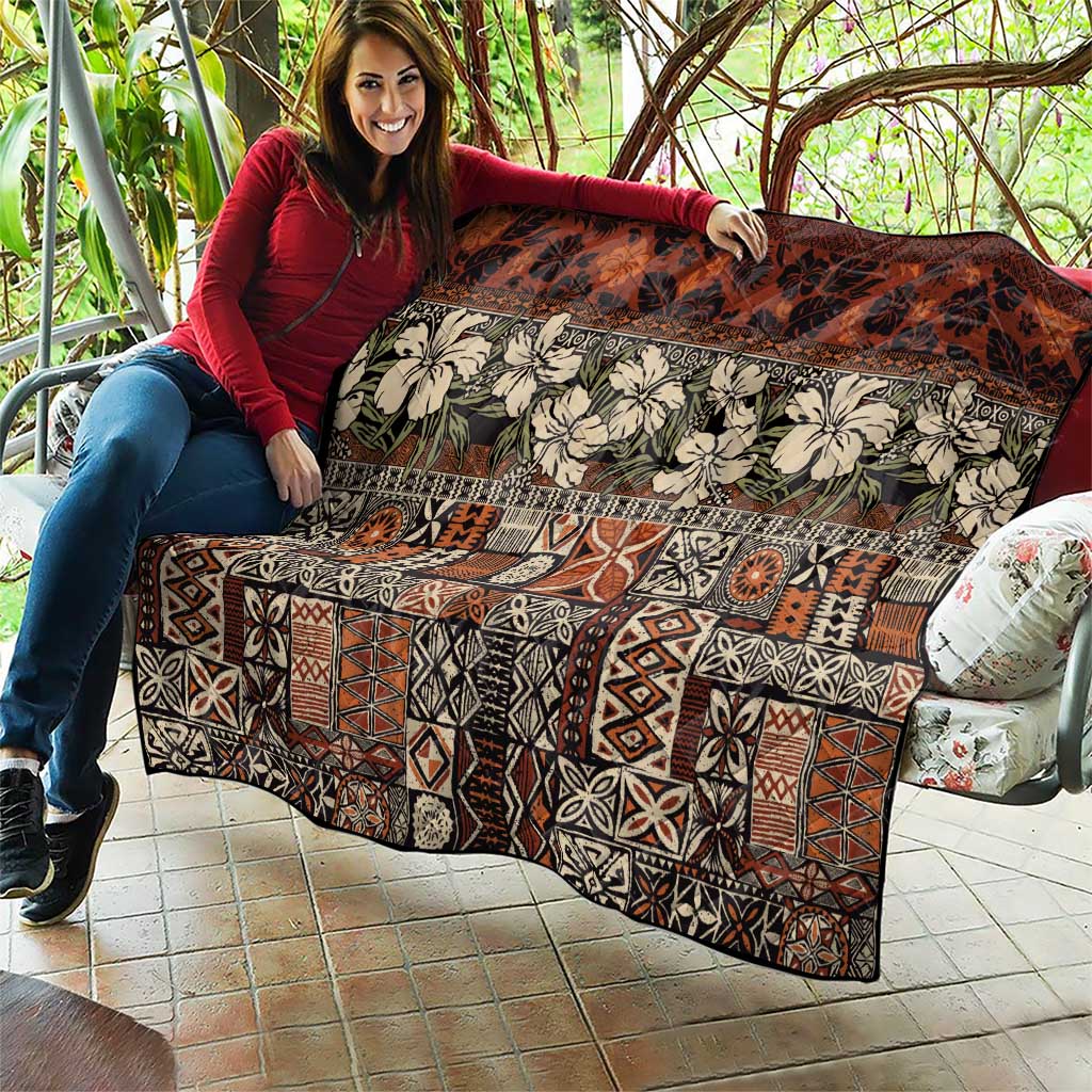 Pacific Hibiscus Tapa Tribal Vintage Quilt Brown Motif LT9 - Polynesian Pride