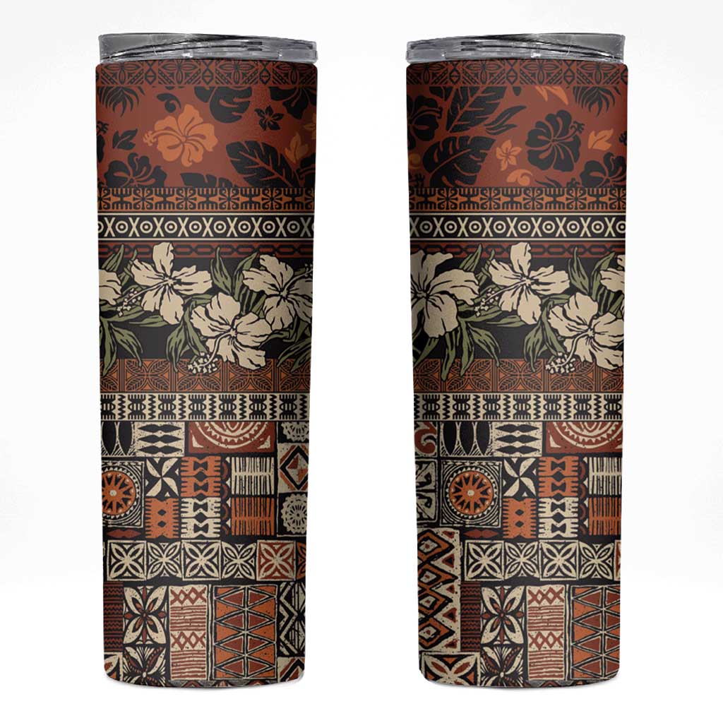 Pacific Hibiscus Tapa Tribal Vintage Skinny Tumbler Brown Motif LT9 Brown - Polynesian Pride