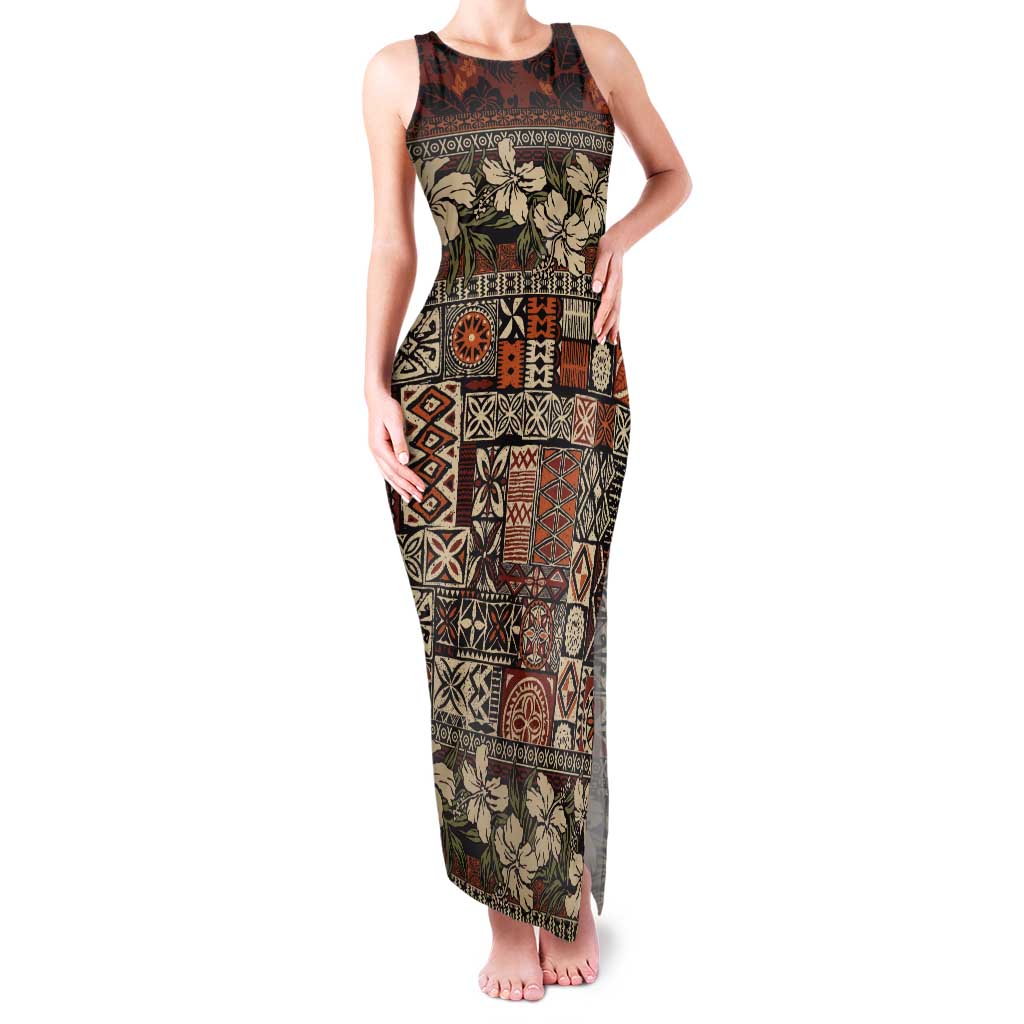 Pacific Hibiscus Tapa Tribal Vintage Tank Maxi Dress Brown Motif