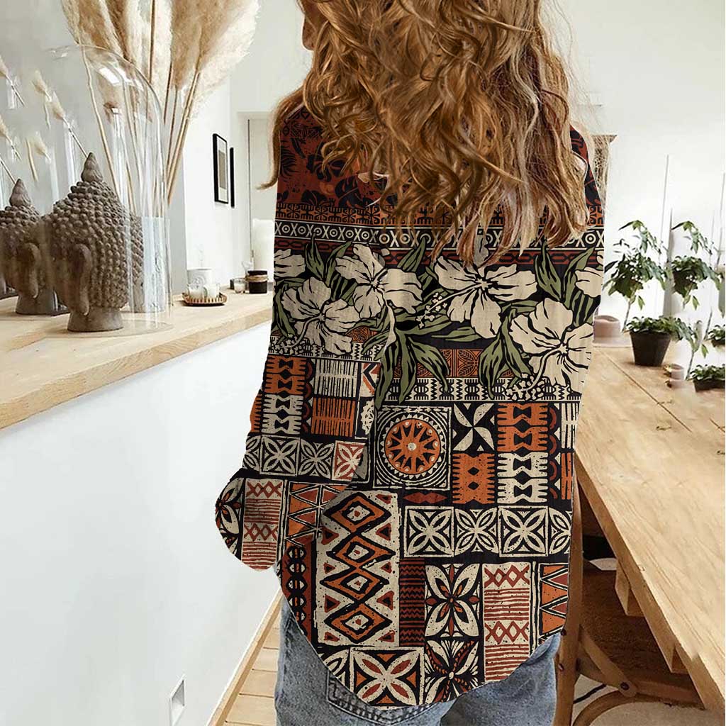 Pacific Hibiscus Tapa Tribal Vintage Women Casual Shirt Brown Motif LT9 - Polynesian Pride