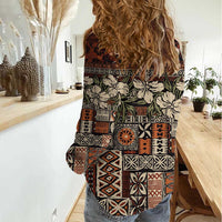 Pacific Hibiscus Tapa Tribal Vintage Women Casual Shirt Brown Motif LT9 - Polynesian Pride