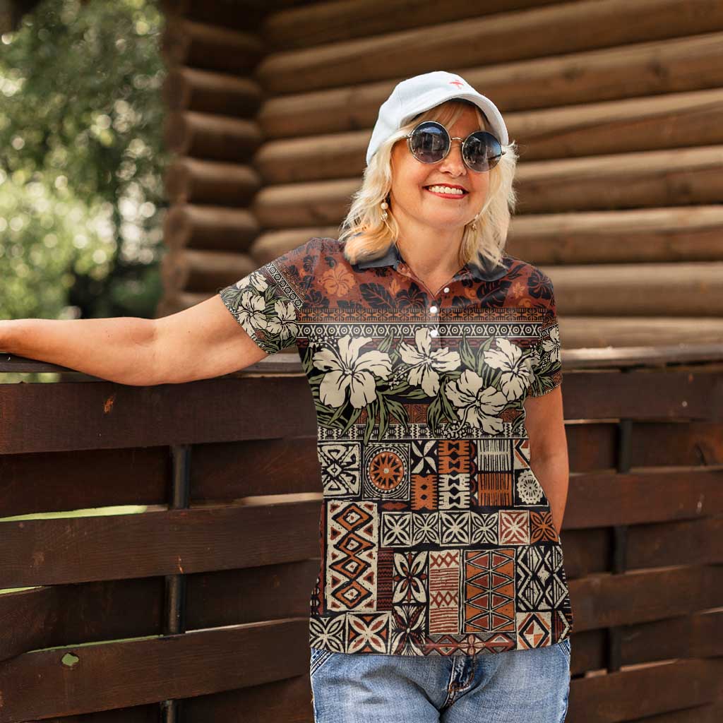 Pacific Hibiscus Tapa Tribal Vintage Women Polo Shirt Brown Motif
