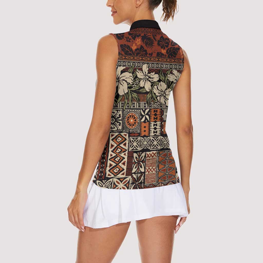 Pacific Hibiscus Tapa Tribal Vintage Women Sleeveless Polo Shirt Brown Motif LT9 - Polynesian Pride
