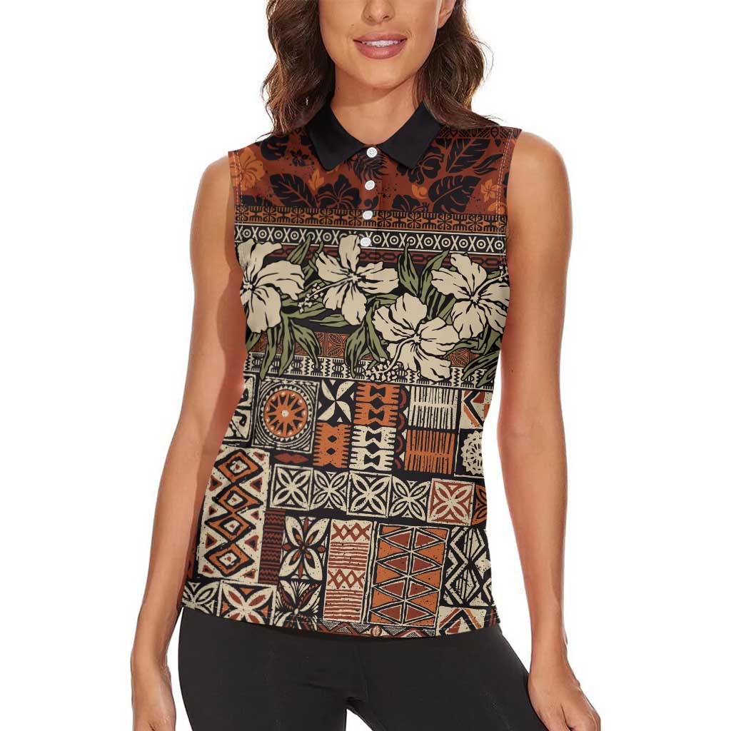 Pacific Hibiscus Tapa Tribal Vintage Women Sleeveless Polo Shirt Brown Motif LT9 - Polynesian Pride