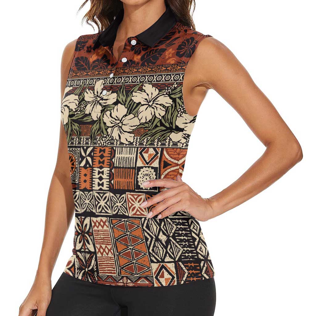 Pacific Hibiscus Tapa Tribal Vintage Women Sleeveless Polo Shirt Brown Motif LT9 - Polynesian Pride