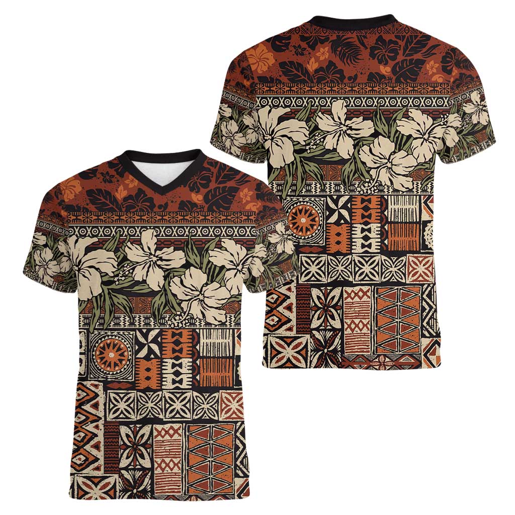 Pacific Hibiscus Tapa Tribal Vintage Women V-Neck T-Shirt Brown Motif LT9 - Polynesian Pride