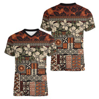 Pacific Hibiscus Tapa Tribal Vintage Women V-Neck T-Shirt Brown Motif LT9 - Polynesian Pride