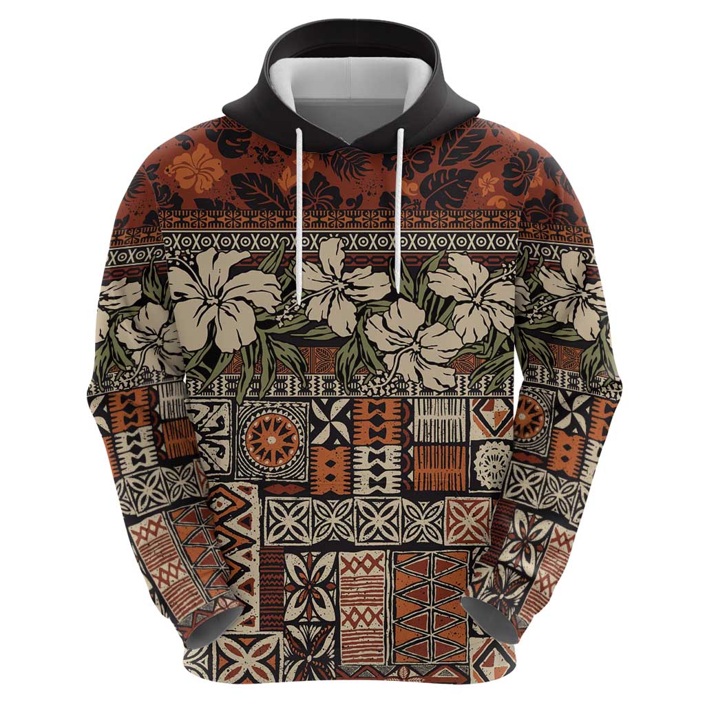 Pacific Hibiscus Tapa Tribal Vintage Zip Hoodie Brown Motif