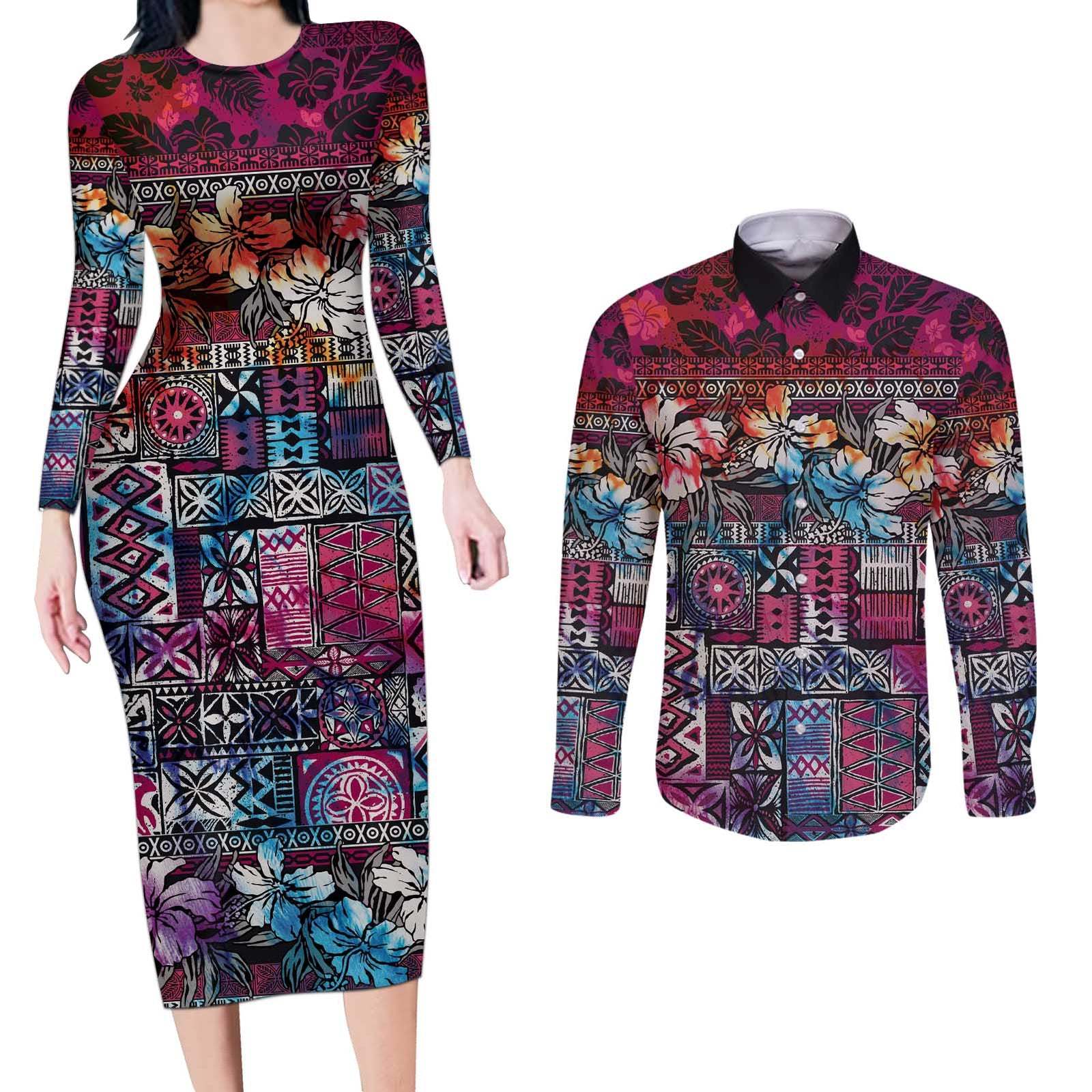 Pacific Hibiscus Tapa Tribal Vintage Couples Matching Long Sleeve Bodycon Dress and Long Sleeve Button Shirt Pink Motif
