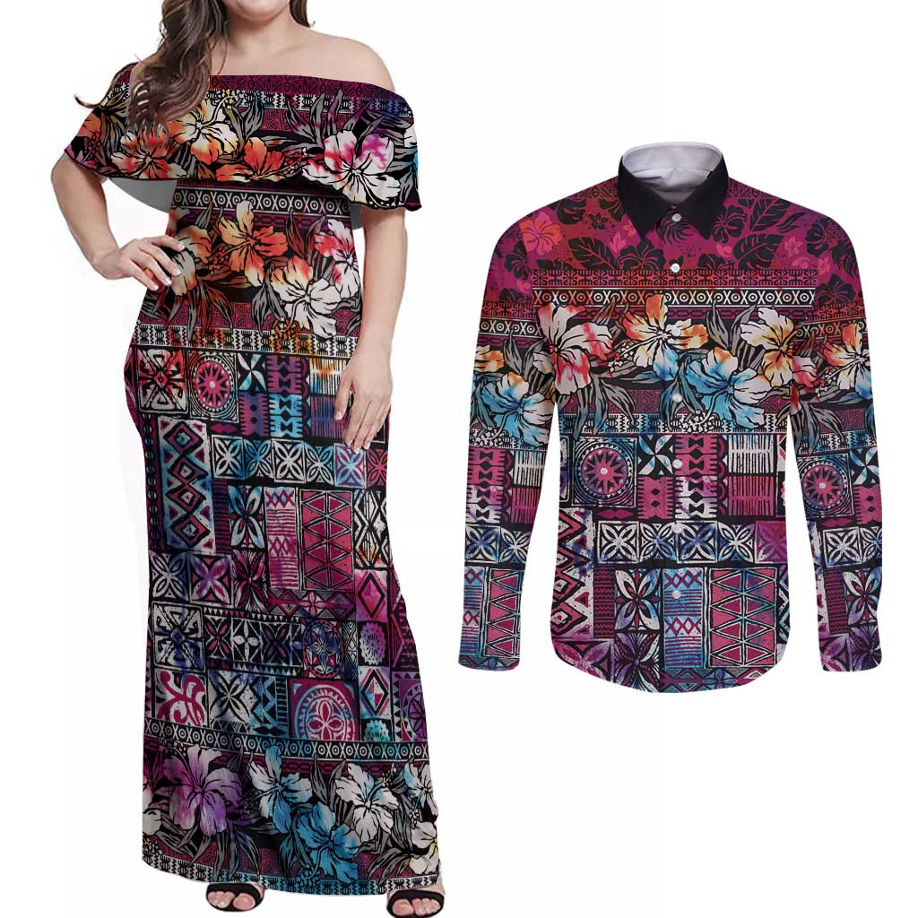 Pacific Hibiscus Tapa Tribal Vintage Couples Matching Off Shoulder Maxi Dress and Long Sleeve Button Shirt Pink Motif