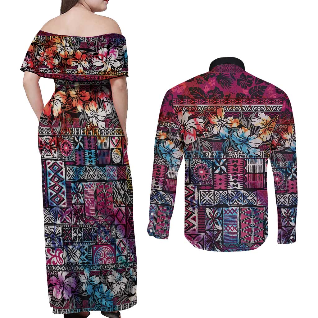 Pacific Hibiscus Tapa Tribal Vintage Couples Matching Off Shoulder Maxi Dress and Long Sleeve Button Shirt Pink Motif