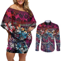 Pacific Hibiscus Tapa Tribal Vintage Couples Matching Off Shoulder Short Dress and Long Sleeve Button Shirt Pink Motif