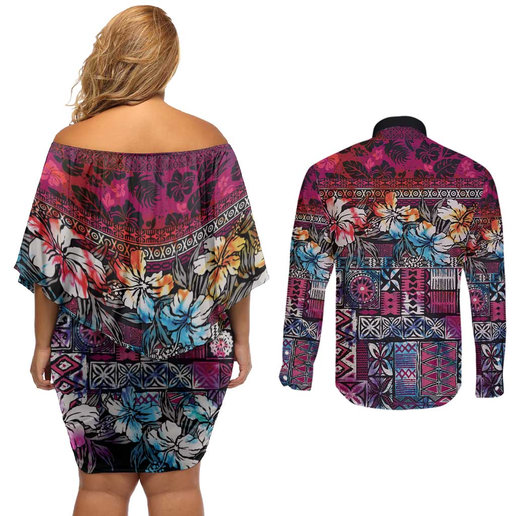 Pacific Hibiscus Tapa Tribal Vintage Couples Matching Off Shoulder Short Dress and Long Sleeve Button Shirt Pink Motif