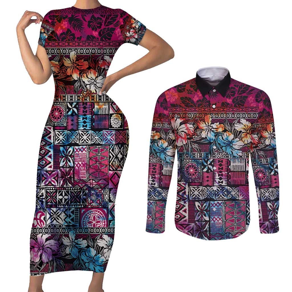 Pacific Hibiscus Tapa Tribal Vintage Couples Matching Short Sleeve Bodycon Dress and Long Sleeve Button Shirt Pink Motif