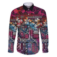Pacific Hibiscus Tapa Tribal Vintage Family Matching Long Sleeve Bodycon Dress and Hawaiian Shirt Pink Motif LT9 Dad's Shirt - Long Sleeve Pink - Polynesian Pride
