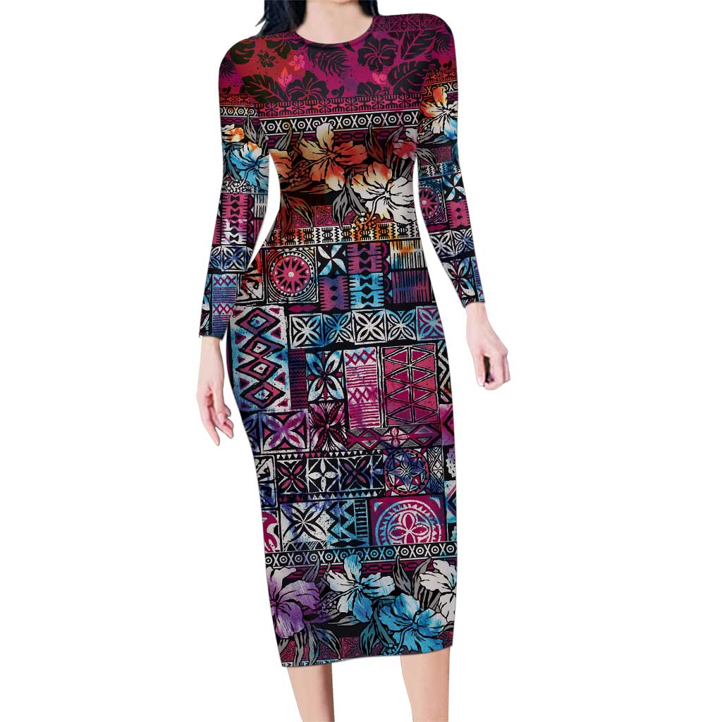 Pacific Hibiscus Tapa Tribal Vintage Family Matching Long Sleeve Bodycon Dress and Hawaiian Shirt Pink Motif LT9 Mom's Dress Pink - Polynesian Pride