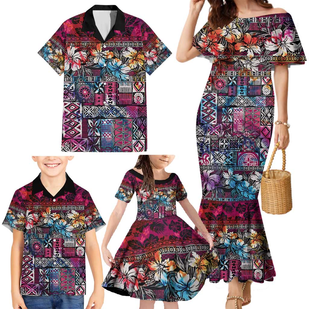 Pacific Hibiscus Tapa Tribal Vintage Family Matching Mermaid Dress and Hawaiian Shirt Pink Motif LT9 - Polynesian Pride