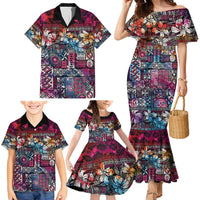 Pacific Hibiscus Tapa Tribal Vintage Family Matching Mermaid Dress and Hawaiian Shirt Pink Motif LT9 - Polynesian Pride