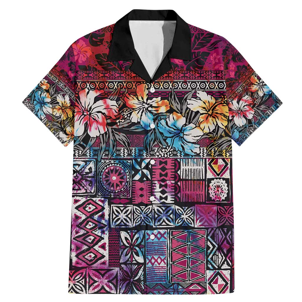 Pacific Hibiscus Tapa Tribal Vintage Family Matching Mermaid Dress and Hawaiian Shirt Pink Motif LT9 Dad's Shirt - Short Sleeve Pink - Polynesian Pride