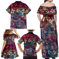 Pacific Hibiscus Tapa Tribal Vintage Family Matching Off Shoulder Maxi Dress and Hawaiian Shirt Pink Motif LT9 - Polynesian Pride
