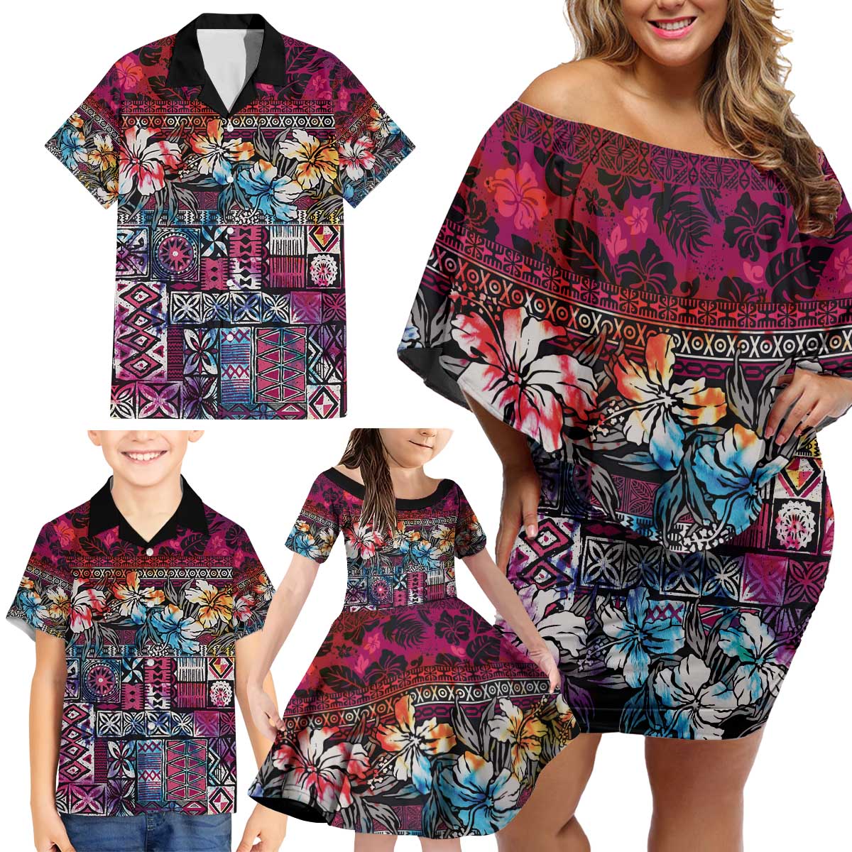 Pacific Hibiscus Tapa Tribal Vintage Family Matching Off Shoulder Short Dress and Hawaiian Shirt Pink Motif LT9 - Polynesian Pride